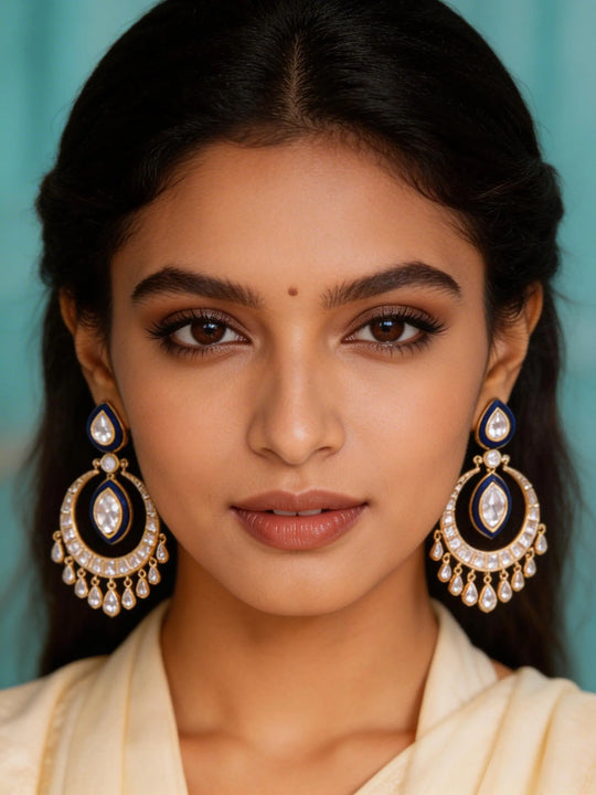 Polki and Meenakari Blue Green Chandbali Earrings