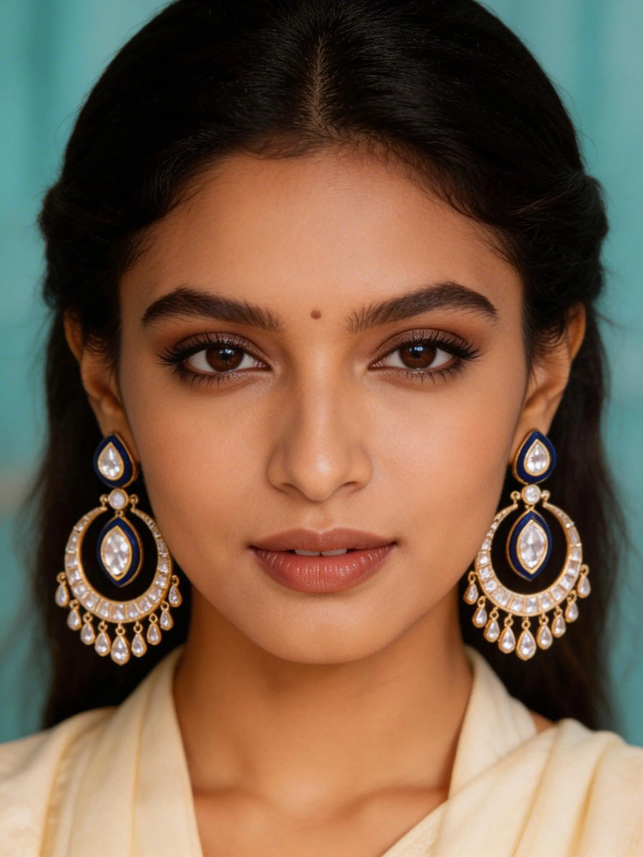 Polki and Meenakari Blue Green Chandbali Earrings