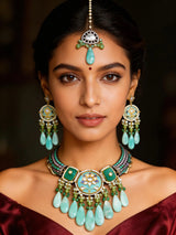 Aqua Green Meenakari Choker Set with Maang Tikka