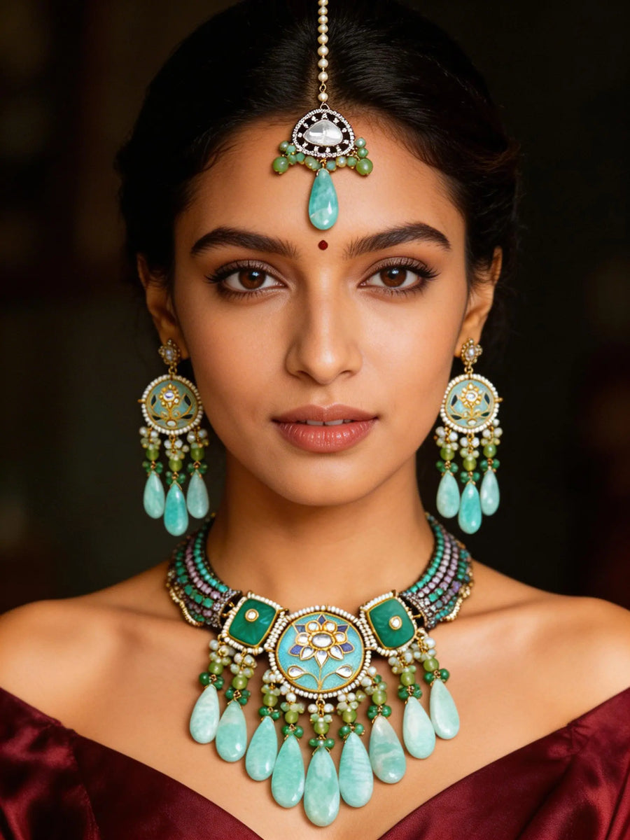Aqua Green Meenakari Choker Set with Maang Tikka