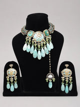 Aqua Green Meenakari Choker Set with Maang Tikka