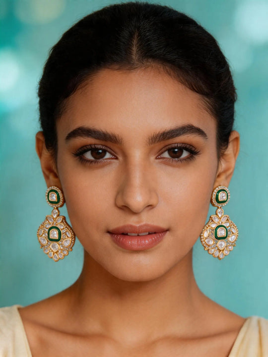 Polki Stone Floral Drop Earrings in Brass