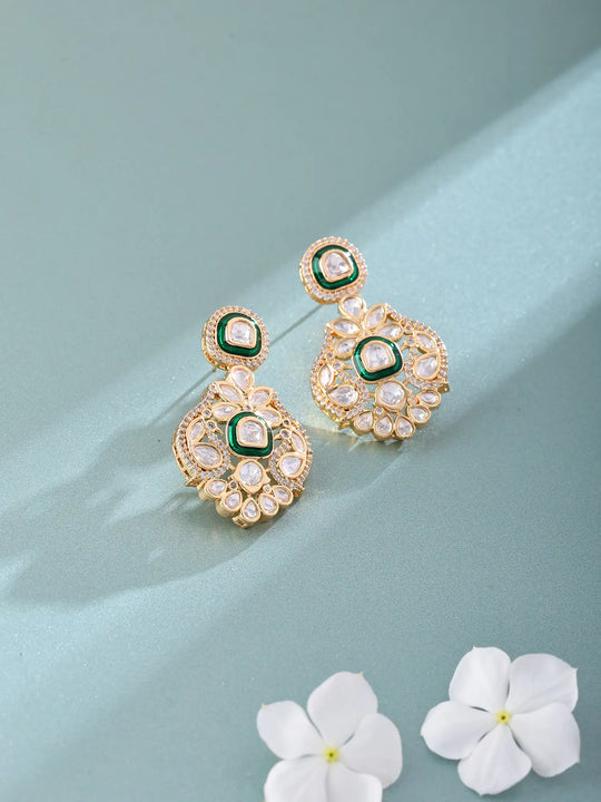 Polki Stone Floral Drop Earrings in Brass