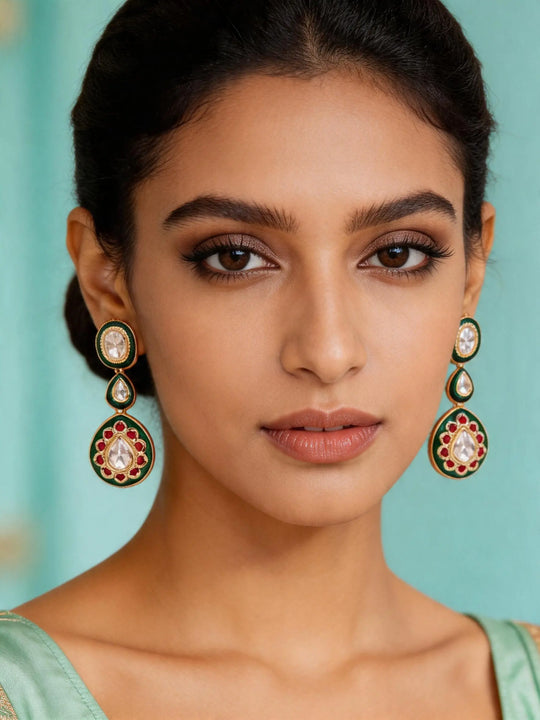 Red Polki and Kundan Drop Earrings in Brass