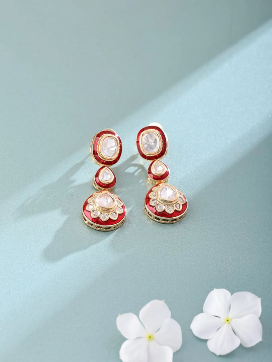 Red Polki and Kundan Drop Earrings in Brass