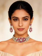 Pink Floral Kundan Choker Set with Earrings in Brass