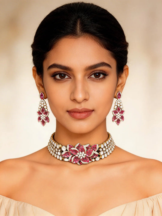 Pink Floral Kundan Choker Set with Earrings in Brass