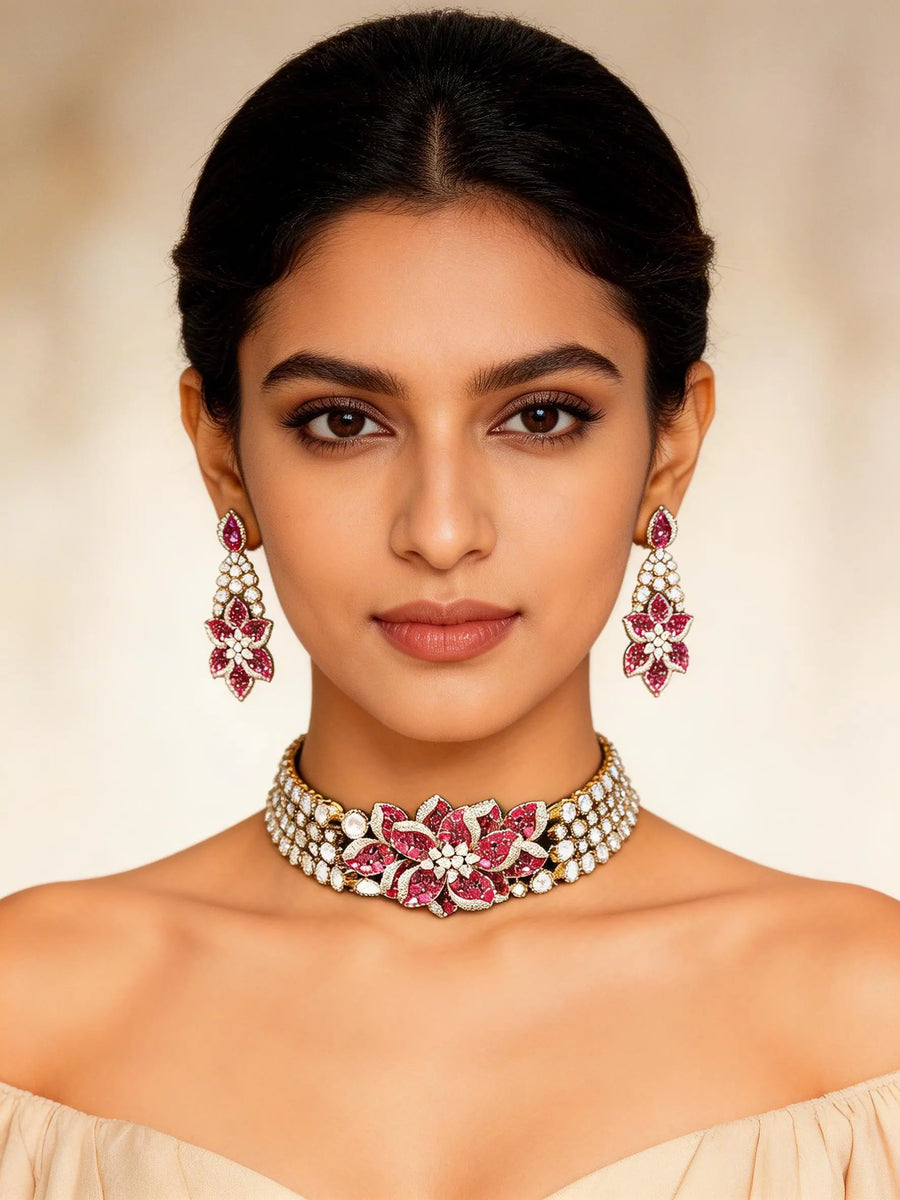 Pink Floral Kundan Choker Set with Earrings in Brass