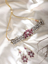 Pink Floral Kundan Choker Set with Earrings in Brass