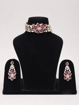 Pink Floral Kundan Choker Set with Earrings in Brass