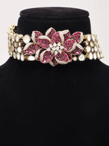 Pink Floral Kundan Choker Set with Earrings in Brass