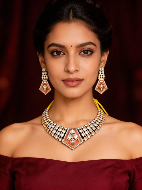 Peach Kundan Choker Necklace and Earrings Set in Brass