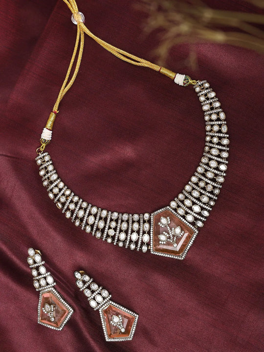 Peach Kundan Choker Necklace and Earrings Set in Brass