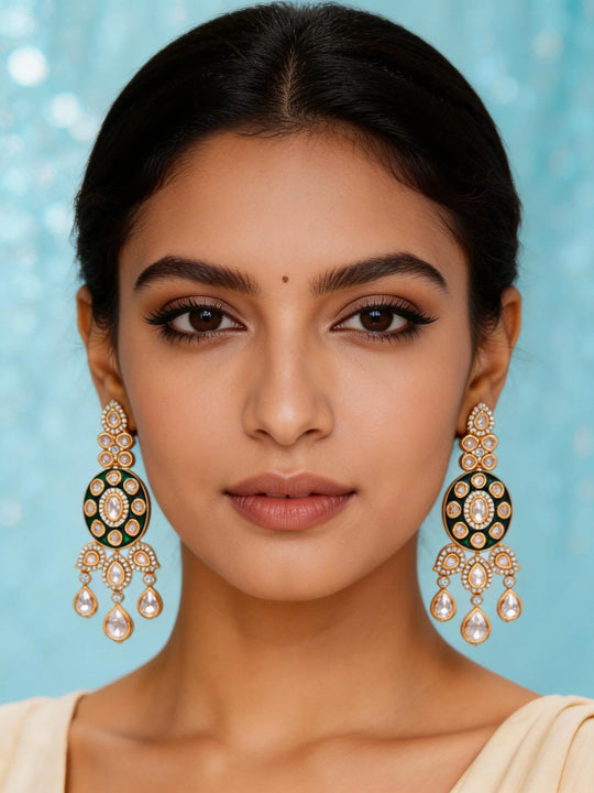 Emerald Green Meenakari Polki Teardrop Drop Earrings