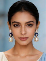 Floral Carved Polki and Blue Pink Stone Drop Earrings
