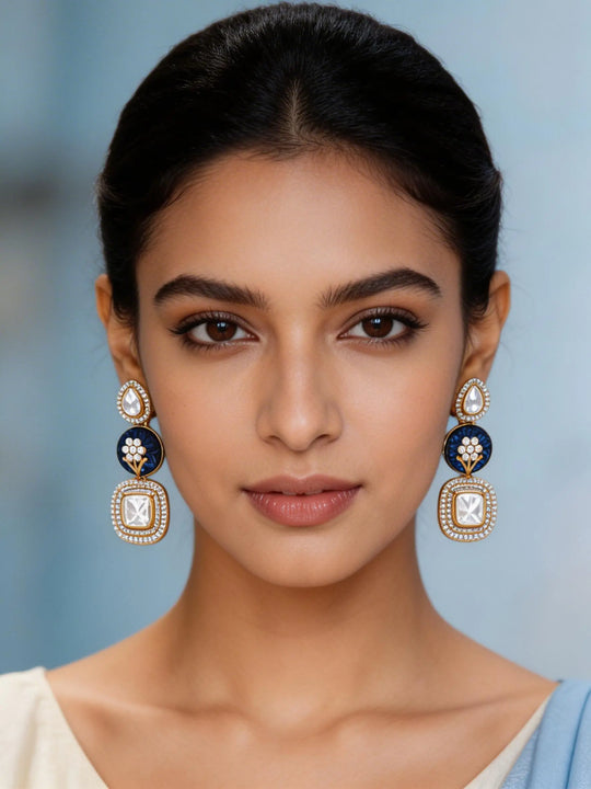 Floral Carved Polki and Blue Pink Stone Drop Earrings