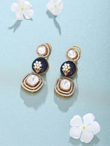 Floral Carved Polki and Blue Pink Stone Drop Earrings