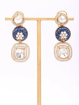 Floral Carved Polki and Blue Pink Stone Drop Earrings