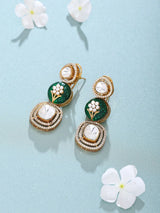 Floral Carved Polki and Blue Pink Stone Drop Earrings