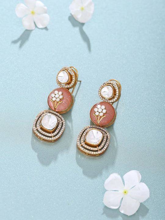Floral Carved Polki and Blue Pink Stone Drop Earrings