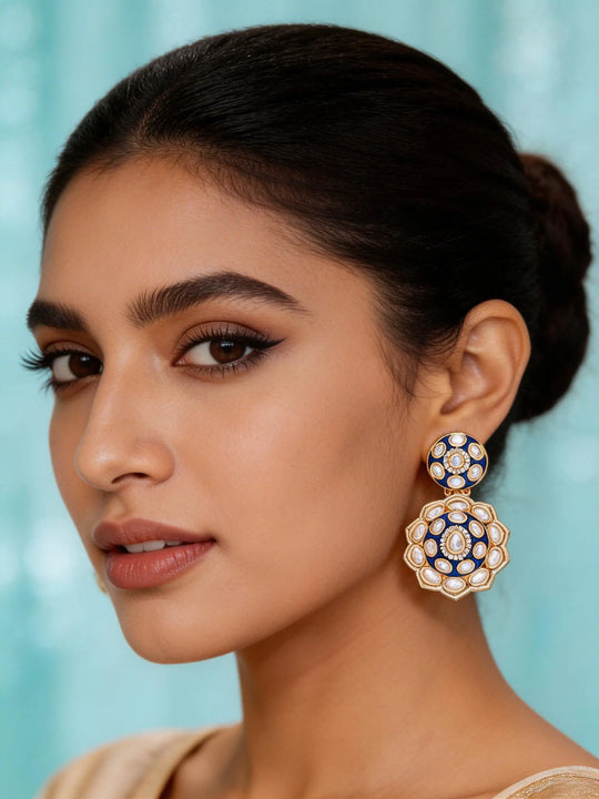 Floral Polki and Meenakari Brass Stud Earrings