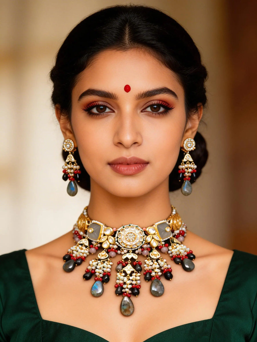 Kundan Stone Drop Choker Necklace Set with Earrings