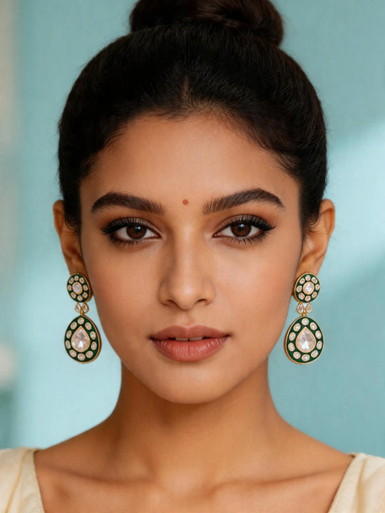 Uncut Polki Teardrop Earrings in Antique Brass