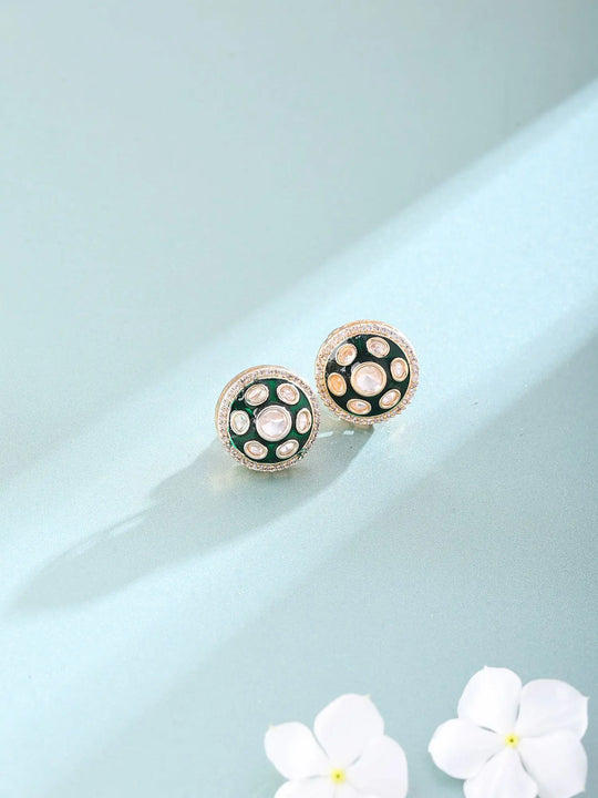 Polki and Green Meenakari Brass Stud Earrings