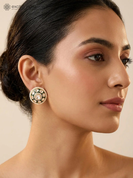 Polki and Green Enamel Brass Stud Earrings