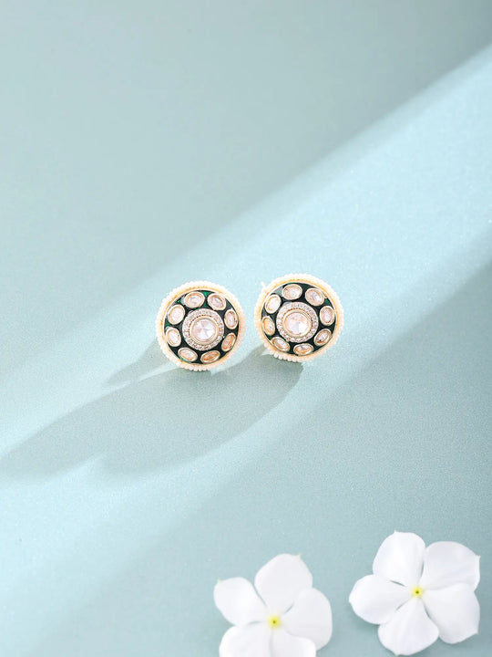 Polki and Green Enamel Brass Stud Earrings