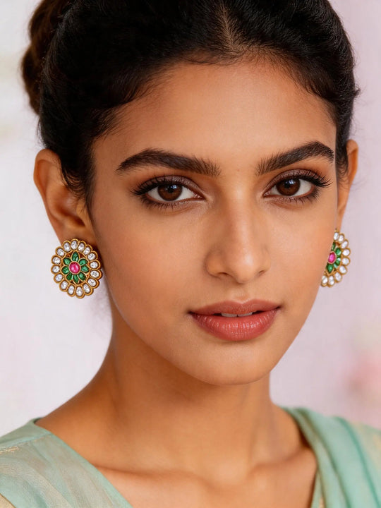 Floral Polki and Stone Studded Stud Earrings in Brass