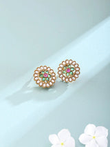 Floral Polki and Stone Studded Stud Earrings in Brass