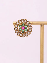 Floral Polki and Stone Studded Stud Earrings in Brass