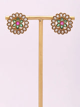 Floral Polki and Stone Studded Stud Earrings in Brass