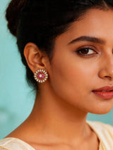 Floral Polki and Stone Studded Stud Earrings in Brass