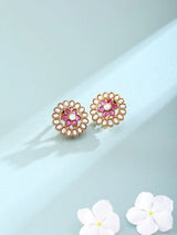 Floral Polki and Stone Studded Stud Earrings in Brass