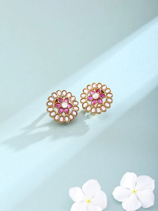 Floral Polki and Stone Studded Stud Earrings in Brass