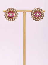 Floral Polki and Stone Studded Stud Earrings in Brass