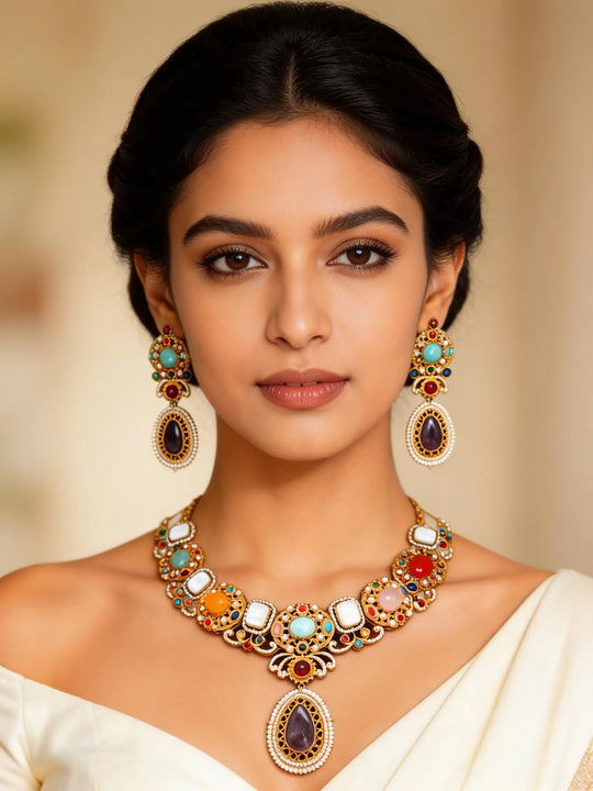 Kundan and Pearl Brass Necklace and Earrings Set