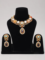 Kundan and Pearl Brass Necklace and Earrings Set