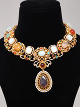 Kundan and Pearl Brass Necklace and Earrings Set