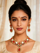 Kundan and Pearl Brass Necklace and Earrings Set