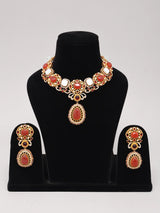 Kundan and Pearl Brass Necklace and Earrings Set