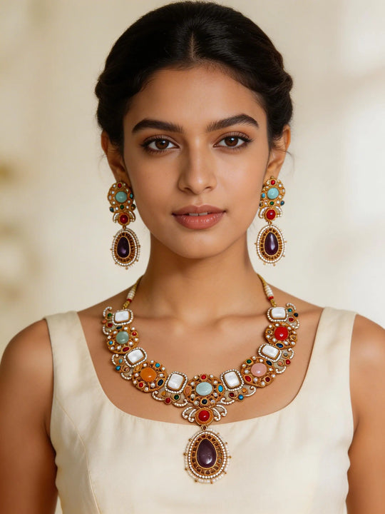 Kundan and Pearl Brass Necklace and Earrings Set