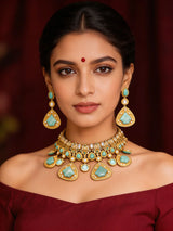 Geometric Kundan Choker Necklace Set with Green Stones