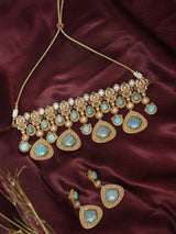 Geometric Kundan Choker Necklace Set with Green Stones