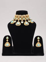 Geometric Kundan Choker Necklace Set with Green Stones