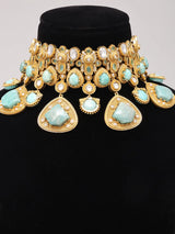Geometric Kundan Choker Necklace Set with Green Stones