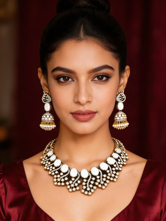 Peacock Kundan White Stone Necklace Set with Jhumka Earrings