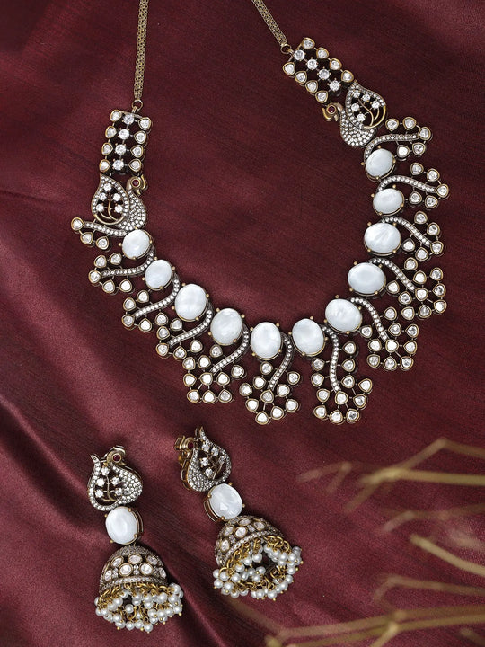 Peacock Kundan White Stone Necklace Set with Jhumka Earrings
